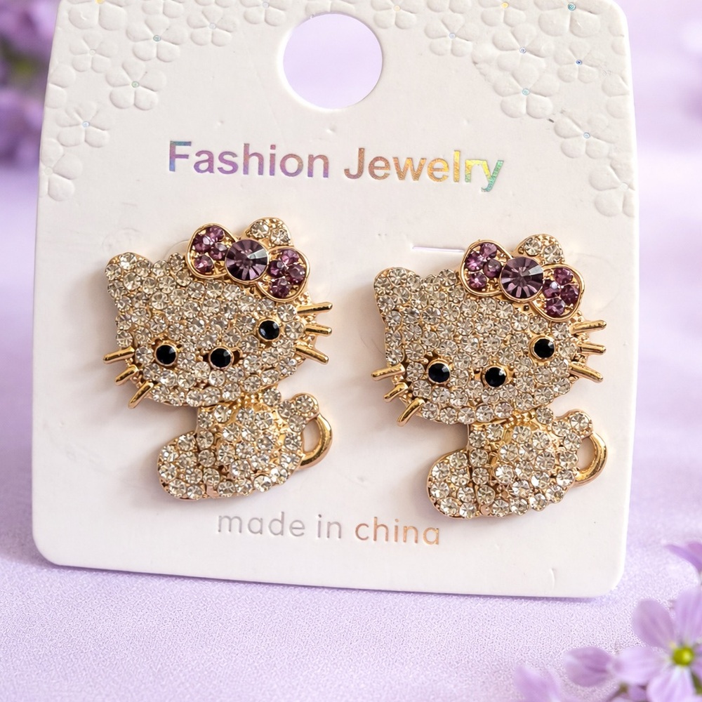Fashion Jewelry Gold Crystal Cat Earrings with Teal Bow